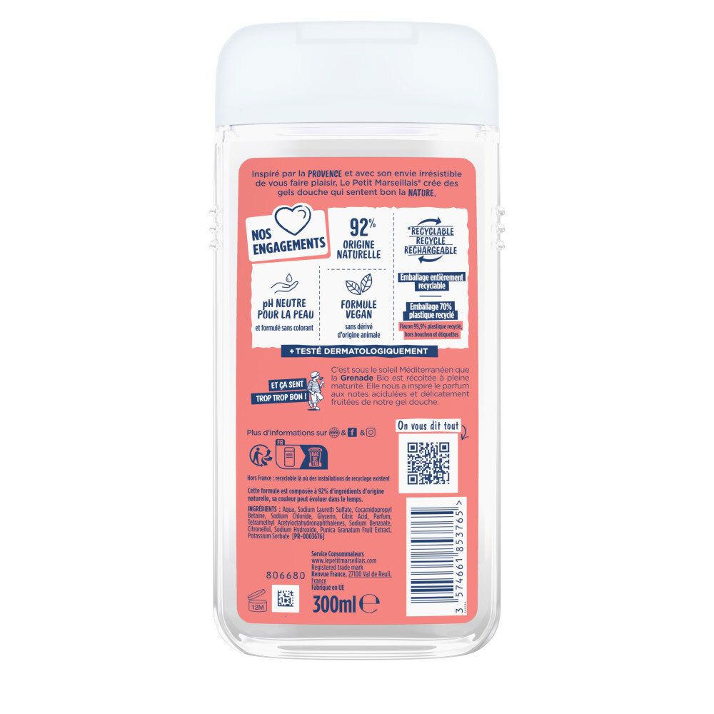 Arrière du gel douche Le Petit Marseillais Grenade Bio, 300ml.