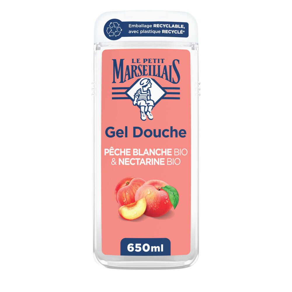 Bouteille de gel douche avec image de pêche et nectarine, 650ml.