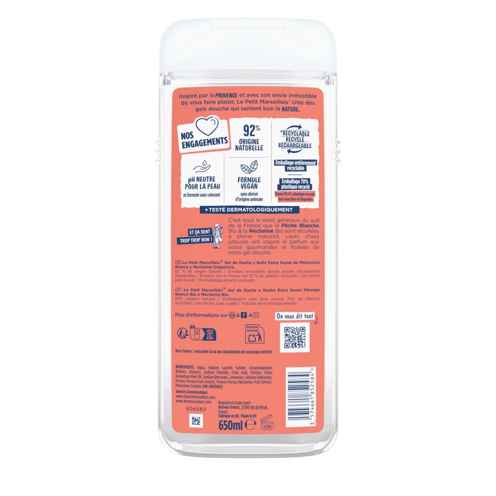 Arrière d'une bouteille de gel douche avec informations sur les ingrédients et certifications.
