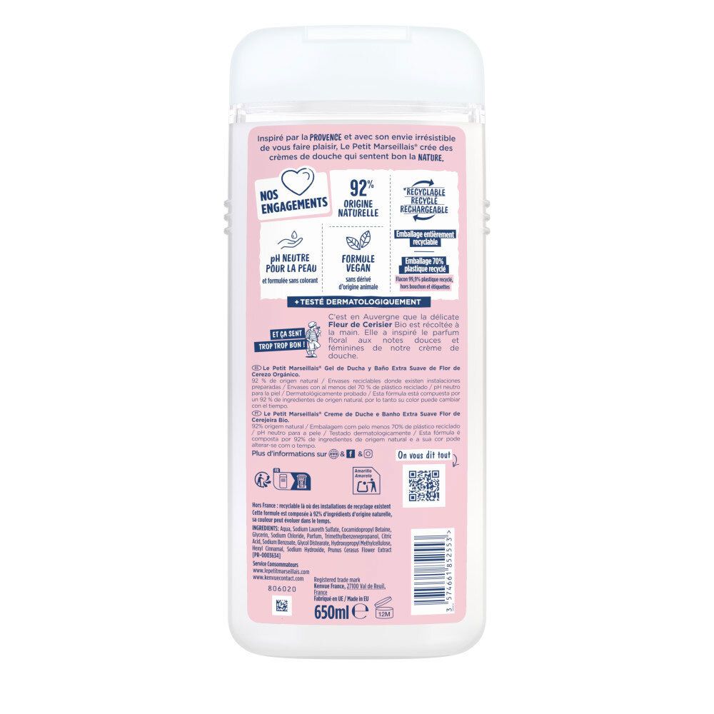 Dos Le Petit Marseillais Crème de Douche: 92% d'ingrédients naturels, vegan, testé dermatologiquement.