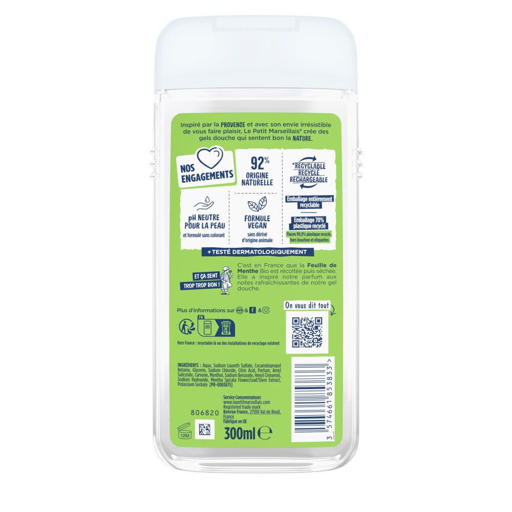 Gel douche Le Petit Marseillais Feuille de Menthe Bio, 300ml, dos avec informations.