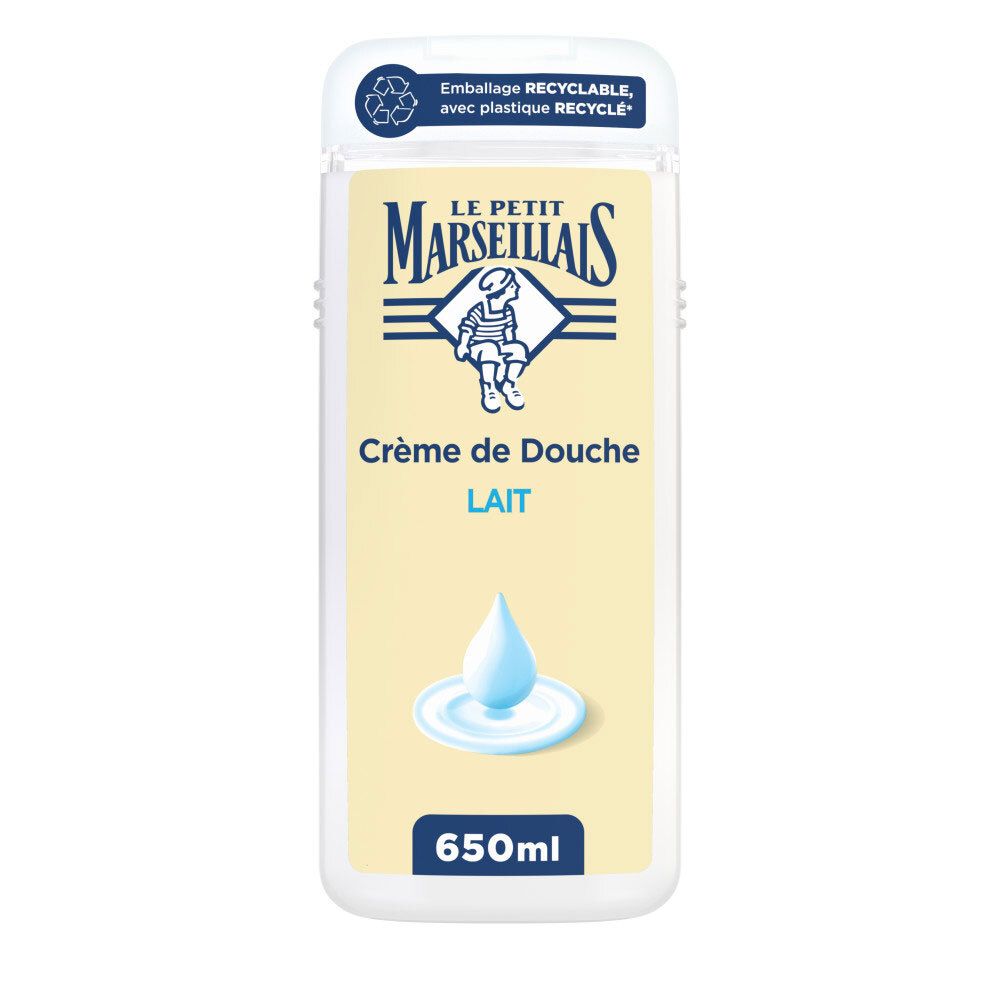 Le Petit Marseillais Crème de Douche Lait, flacon 650ml. Mention "Emballage Recyclable" en haut.