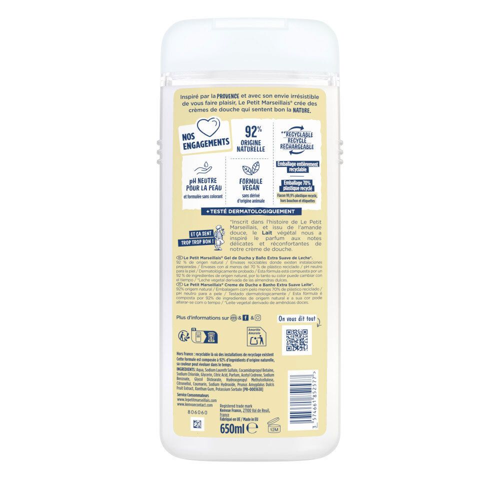 Arrière du flacon Le Petit Marseillais Crème de Douche Lait avec ingrédients et logos.
