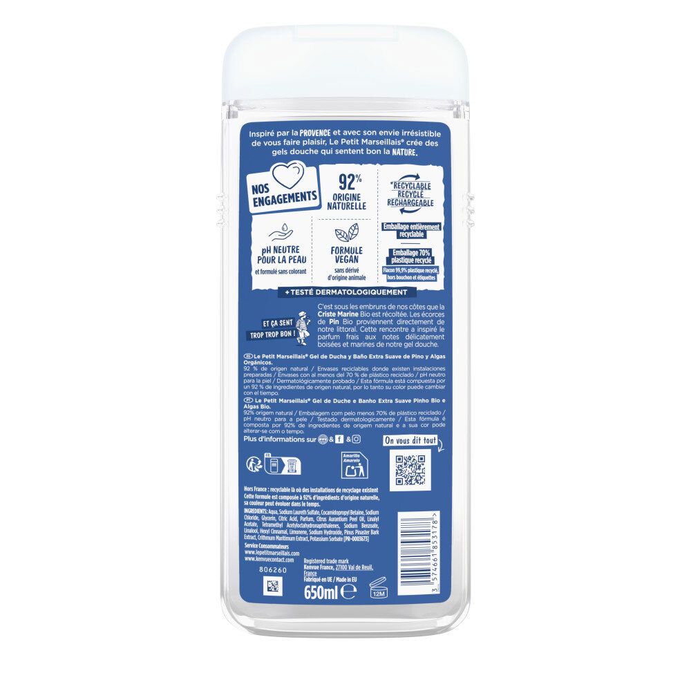 Arrière de la bouteille : 92% d'ingrédients d'origine naturelle, vegan, testé dermatologiquement.