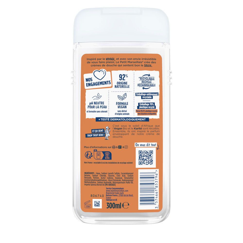 Arrière du flacon Le Petit Marseillais Crème de Douche Argan BIO & Karité avec informations et QR code.