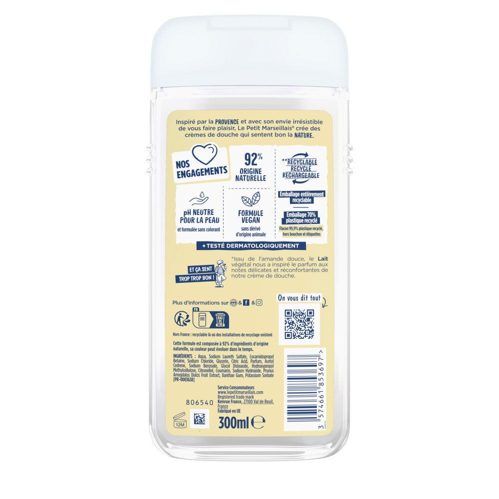 Le Petit Marseillais Crème de Douche Lait, dos. Affiche les ingrédients et certifications.