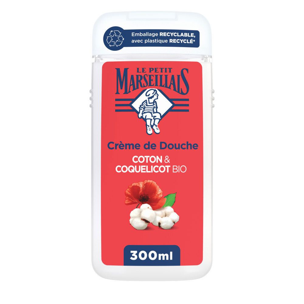 Crème de douche Le Petit Marseillais Coton & Coquelicot Bio. Étiquette rouge avec illustration du produit.