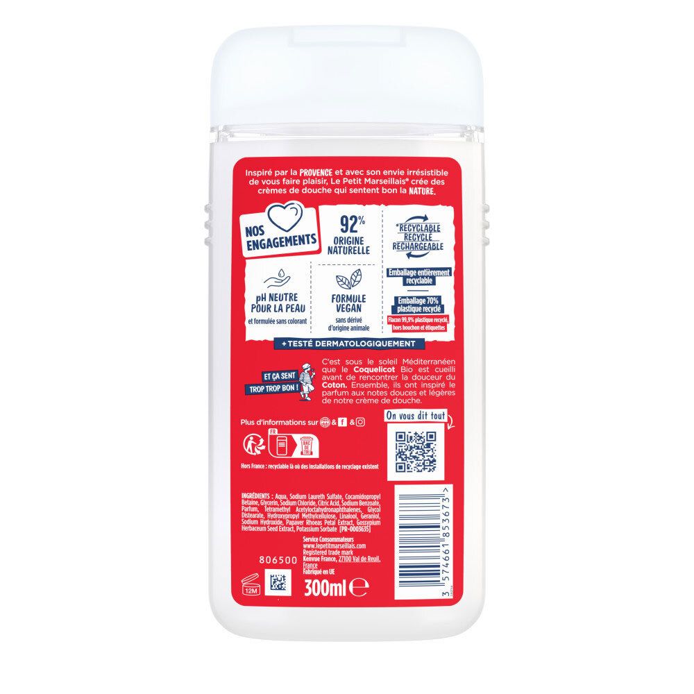 Arrière de la crème de douche Le Petit Marseillais. Informations sur les ingrédients et certifications.