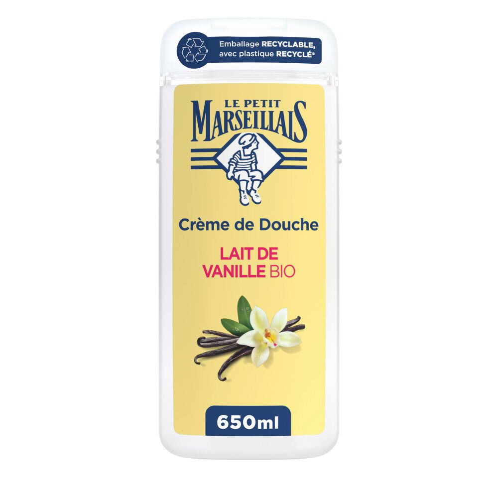 Le Petit Marseillais Crème de Douche Vanille Bio, 650ml. Avec fleur et gousses de vanille.