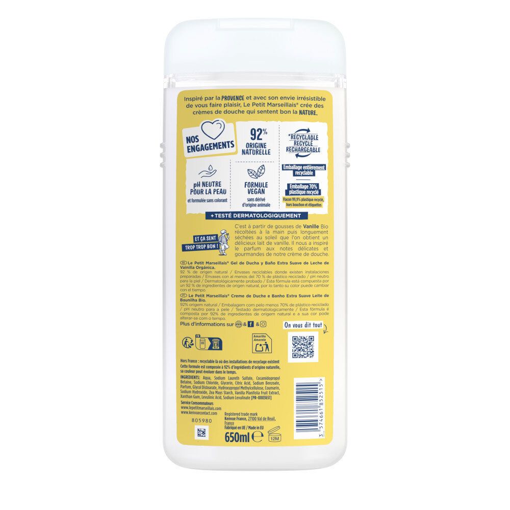 Arrière Le Petit Marseillais Crème de Douche Vanille Bio. Informations sur les ingrédients et certifications.