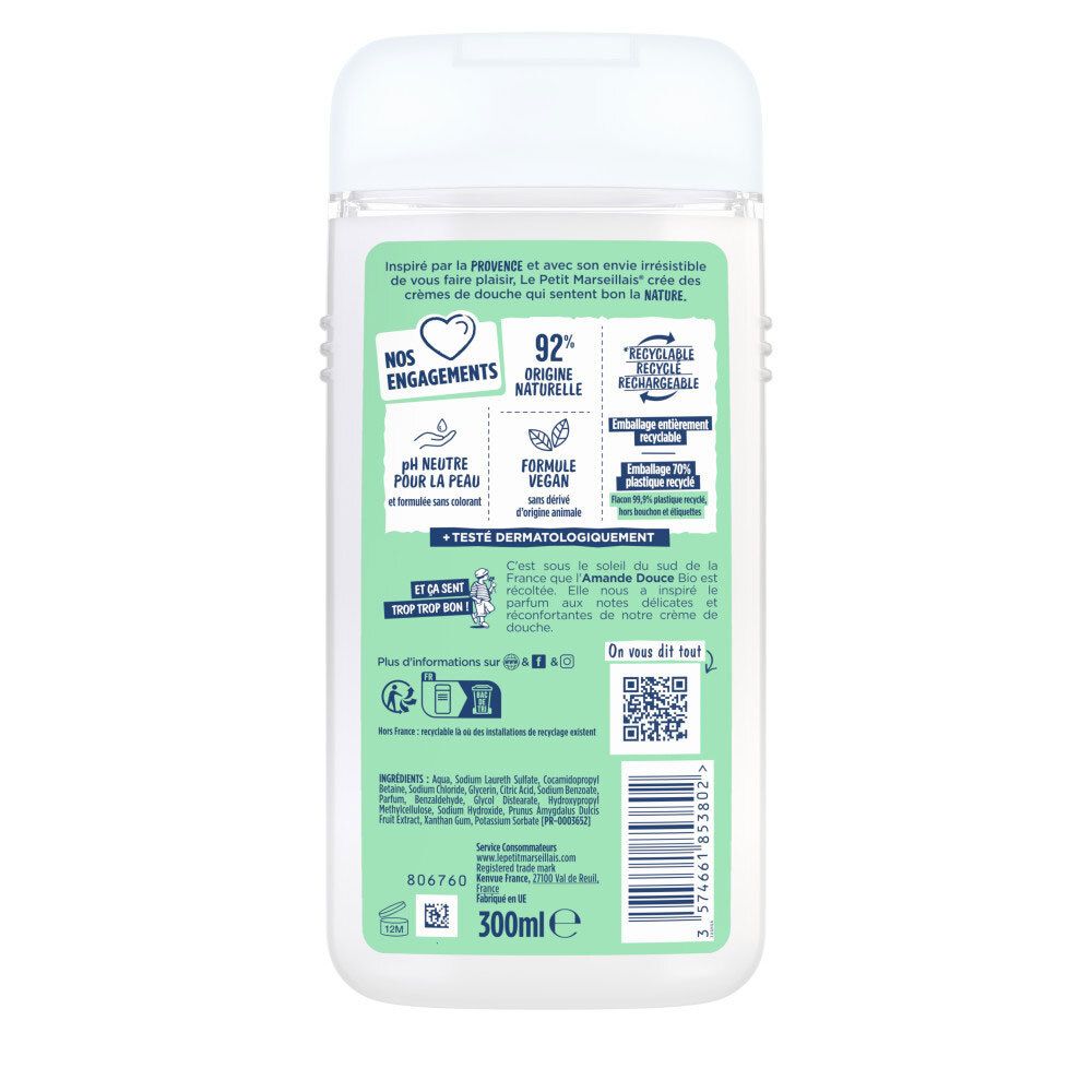 Arrière du flacon Le Petit Marseillais Crème de Douche, avec ingrédients et certifications.