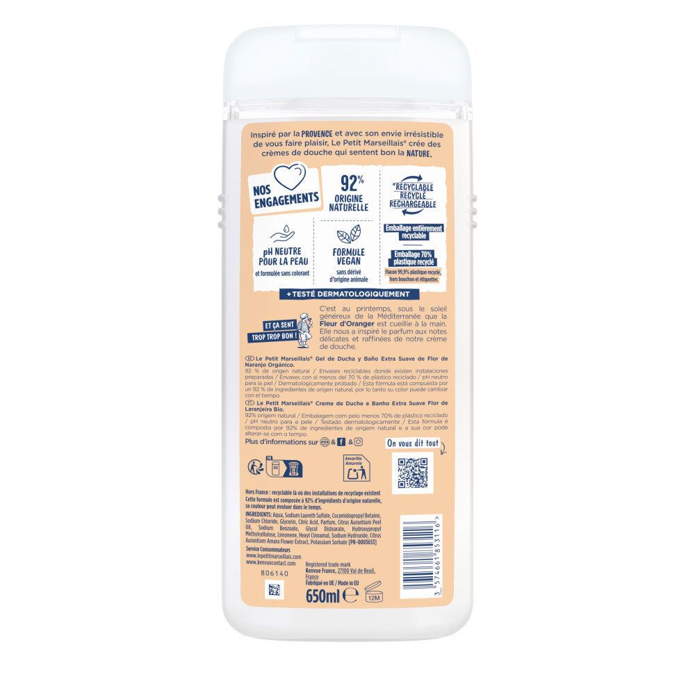 Arrière du flacon Le Petit Marseillais Crème de douche avec ingrédients et logos.