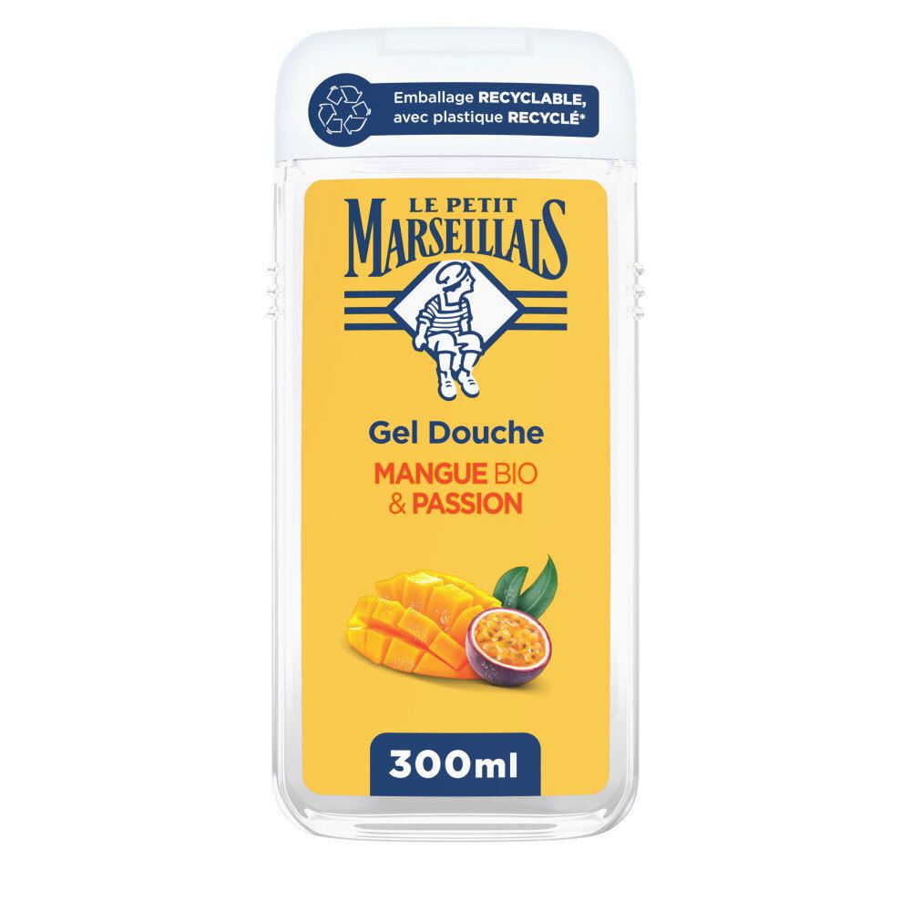 Gel douche Le Petit Marseillais Mangue & Passion, 300ml. Étiquette jaune avec images de fruits.
