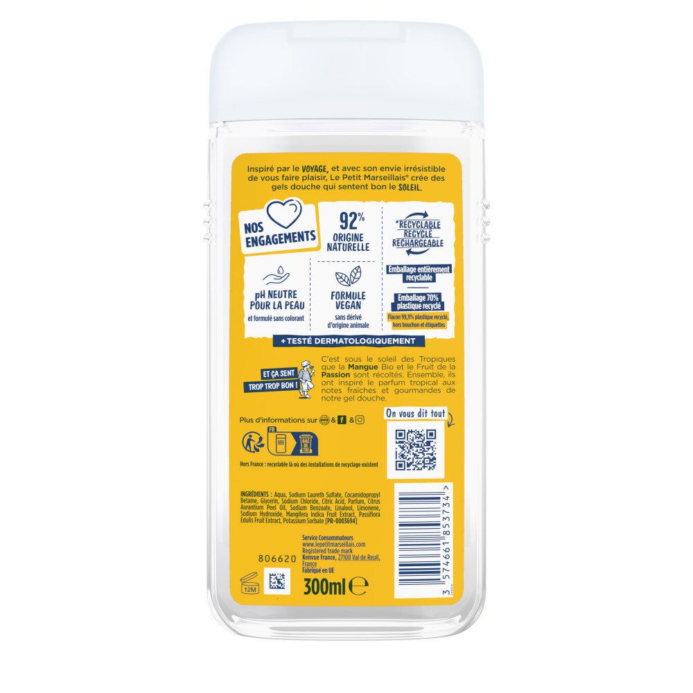 Arrière du gel douche Le Petit Marseillais. Informations sur les ingrédients, formule vegan et recyclage.