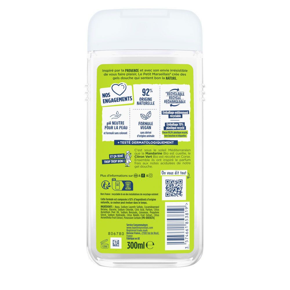 Arrière d'un flacon de gel douche avec ingrédients et certifications.
