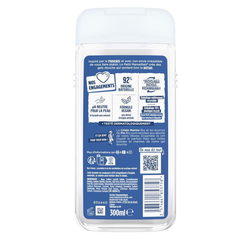 Arrière du gel douche Le Petit Marseillais Pin BIO & Criste Marine BIO, 300ml.