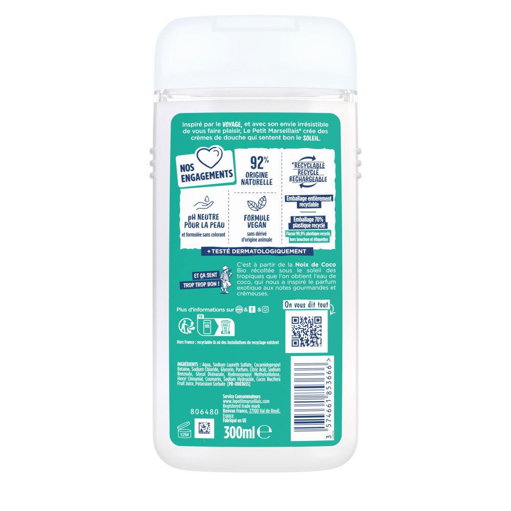 Dos Le Petit Marseillais Crème de Douche, 300ml, avec informations sur les ingrédients et l'emballage.