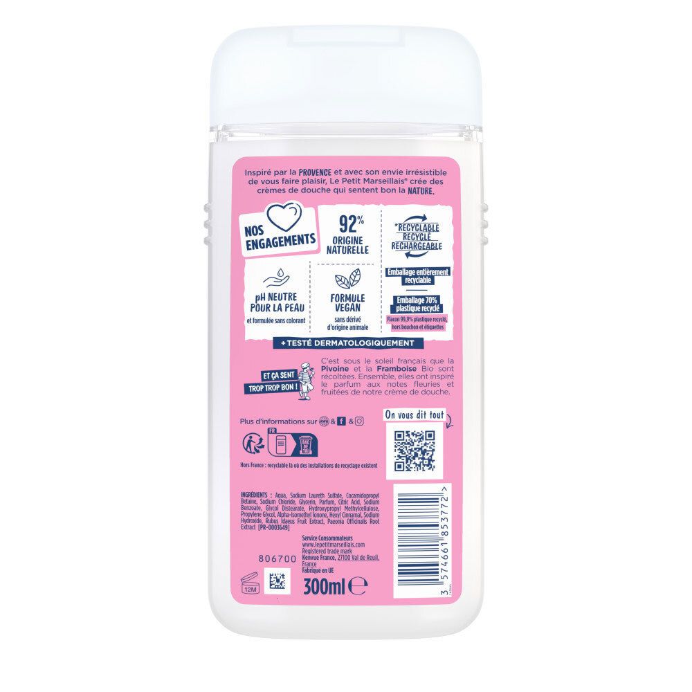 Arrière de la crème de douche Le Petit Marseillais Framboise BIO & Pivoine, 300ml.