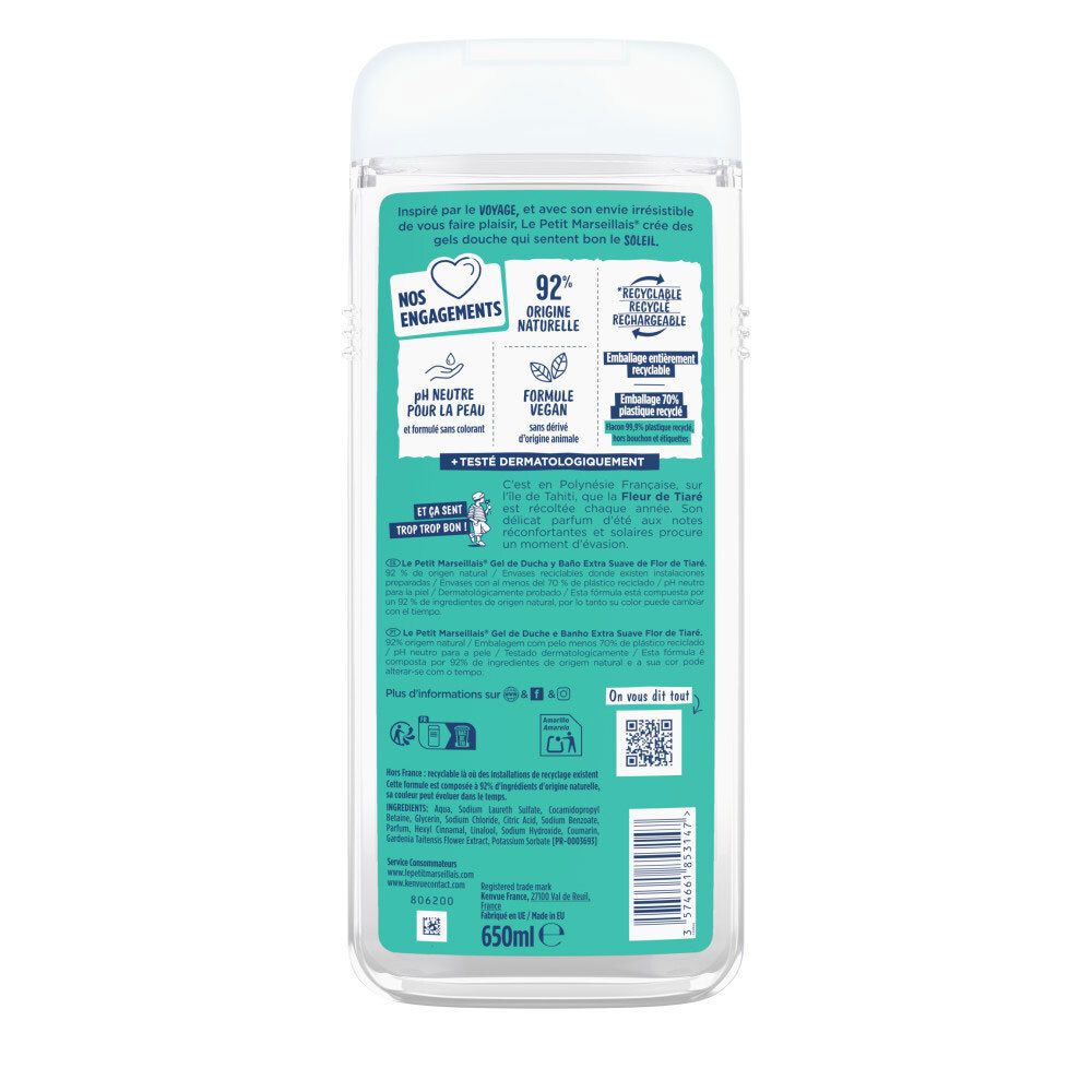 Arrière de la bouteille de 650ml de gel douche Le Petit Marseillais Fleur de Tiaré.