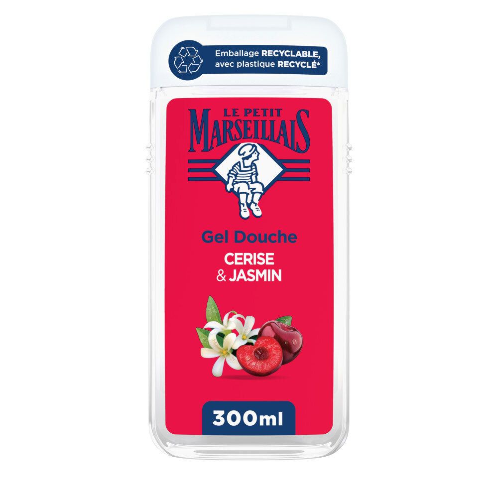 Bouteille de gel douche avec motif cerise et jasmin. Flacon transparent avec étiquette rouge.