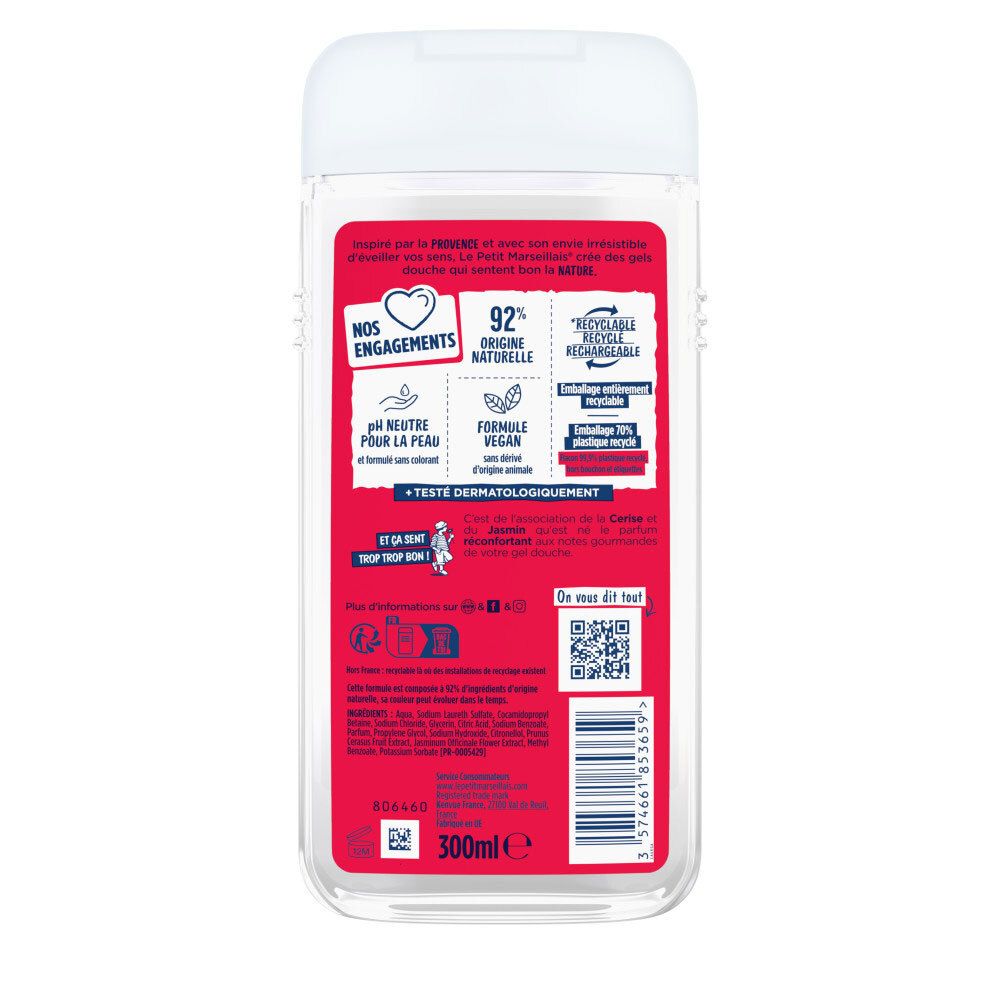 Arrière d'une bouteille de gel douche avec informations sur les ingrédients et le recyclage.