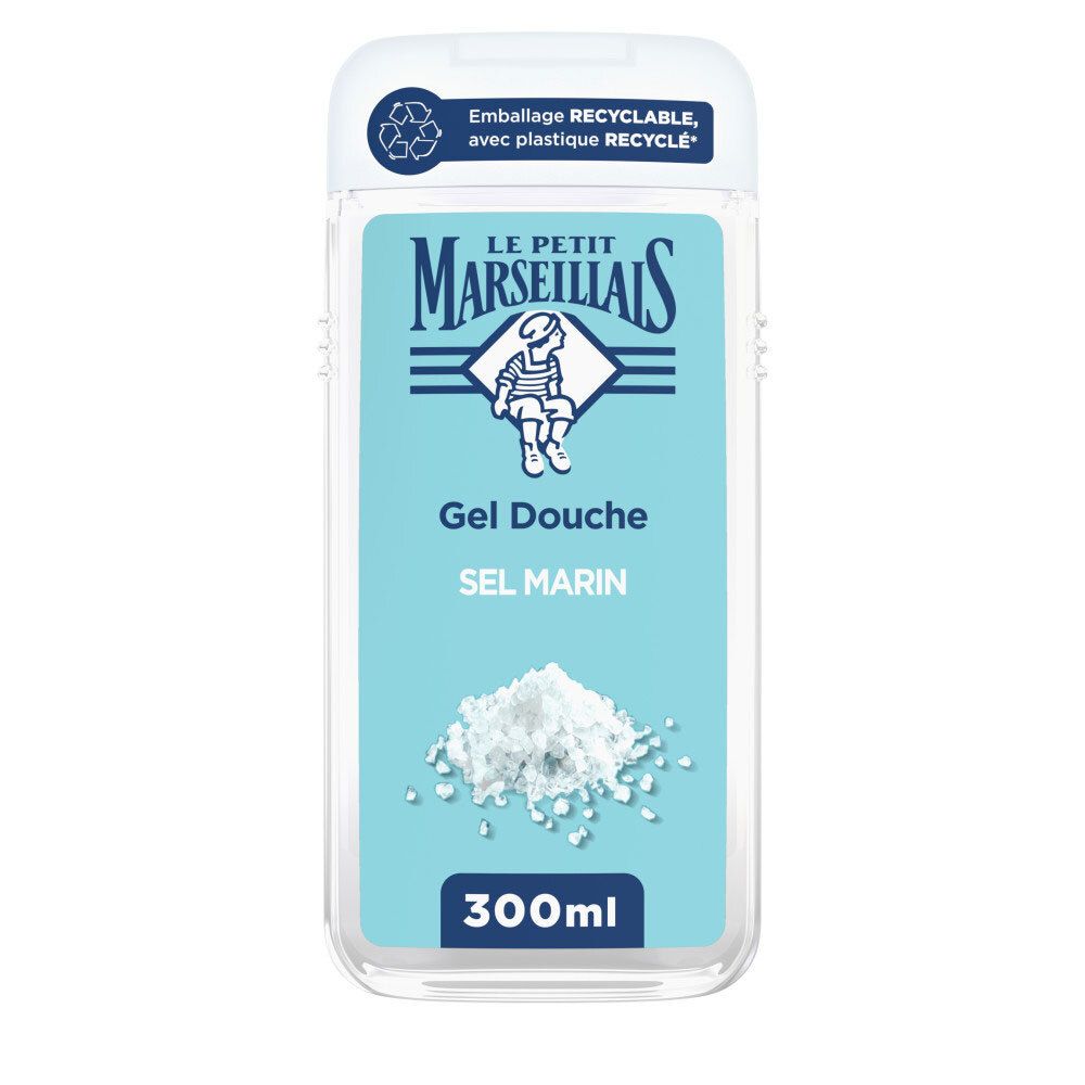Le Petit Marseillais Gel Douche Extra Doux Sel Marin, flacon 300ml avec illustration de sel marin.
