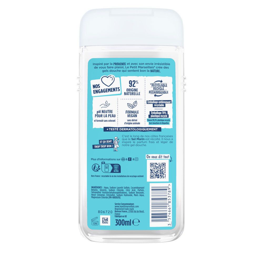 Arrière du flacon Le Petit Marseillais Gel Douche Extra Doux Sel Marin avec ingrédients et certifications.