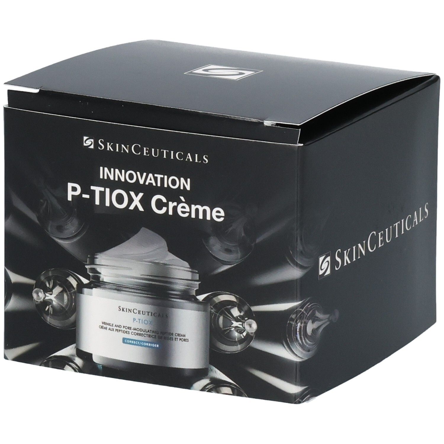 Emballage SkinCeuticals P-TIOX Crème avec un pot de crème.