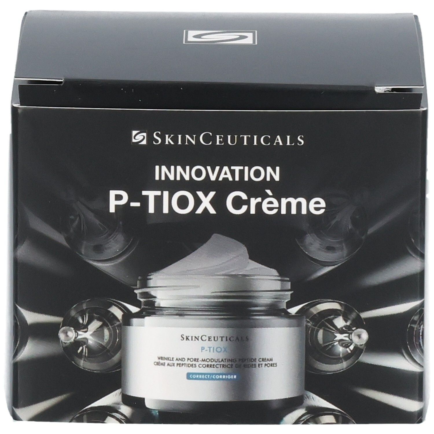 Emballage SkinCeuticals P-TIOX Crème avec un pot de crème.