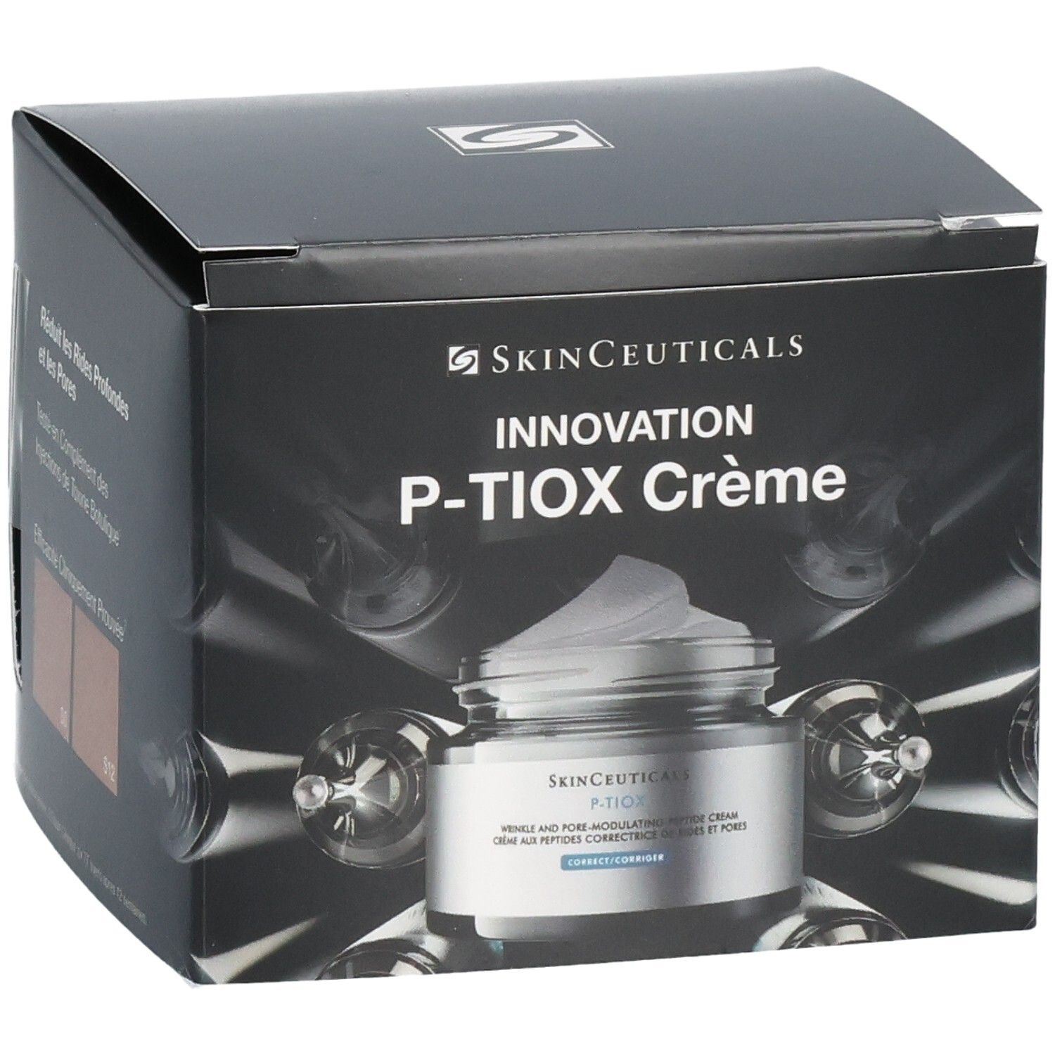 Emballage SkinCeuticals P-TIOX Crème avec pot de crème et résultats cliniques.