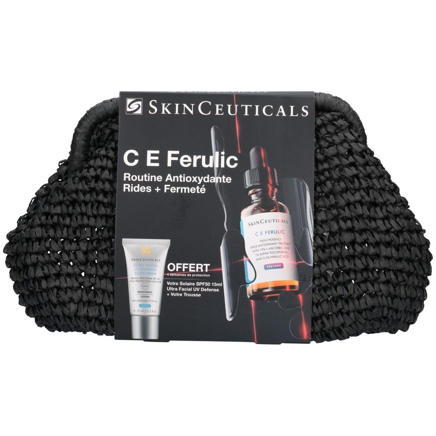 Coffret SkinCeuticals C E Ferulic avec trousse, sérum et crème visage.