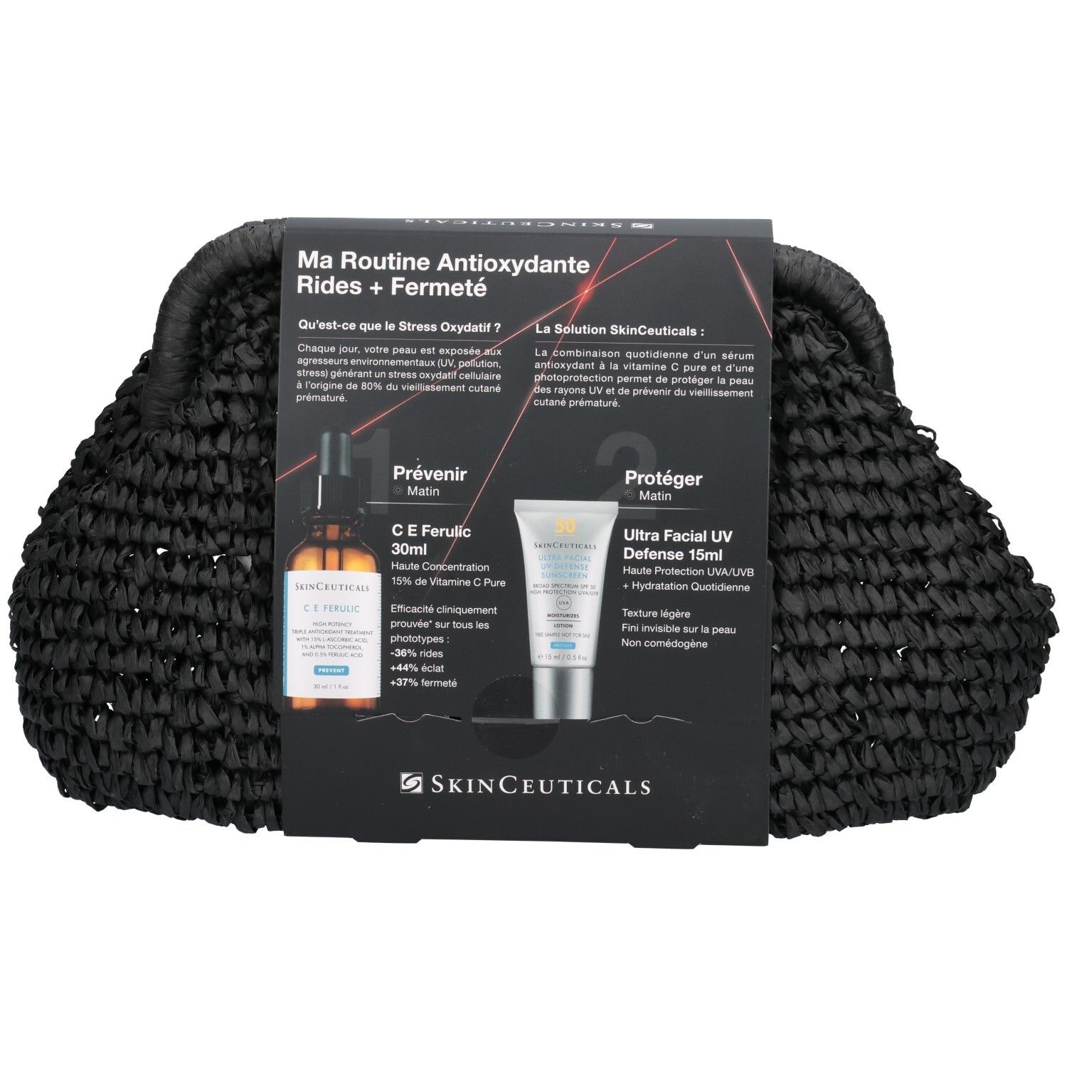 Arrière du coffret SkinCeuticals C E Ferulic avec informations produit et instructions.