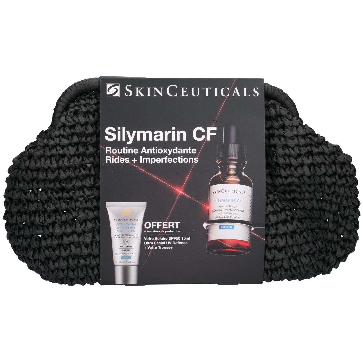 Set Skinceuticals Silymarin CF avec sérum et protection UV dans un sac noir.