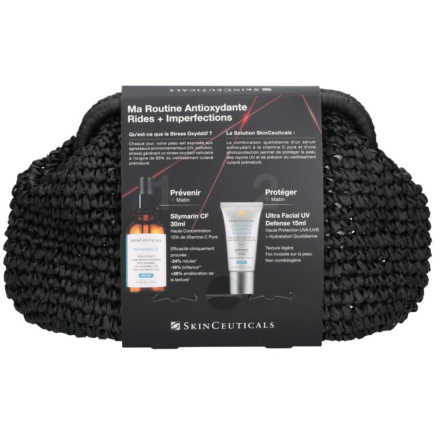 Dos du set Skinceuticals Silymarin CF avec sérum et protection UV dans un sac noir.