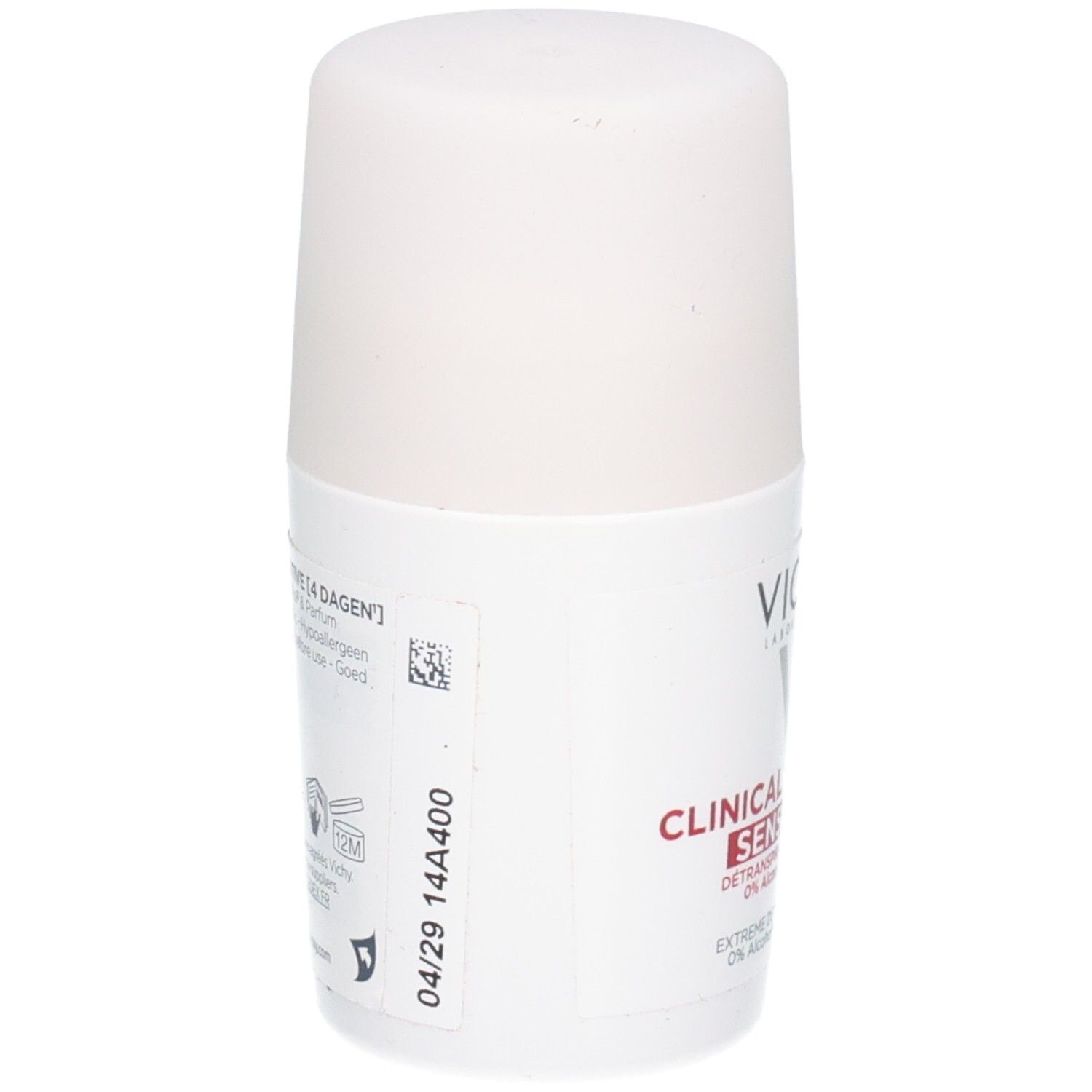 Déodorant Roll-On Vichy : Arrière avec numéro de lot et code-barres. 0% Alcool & Parfum.