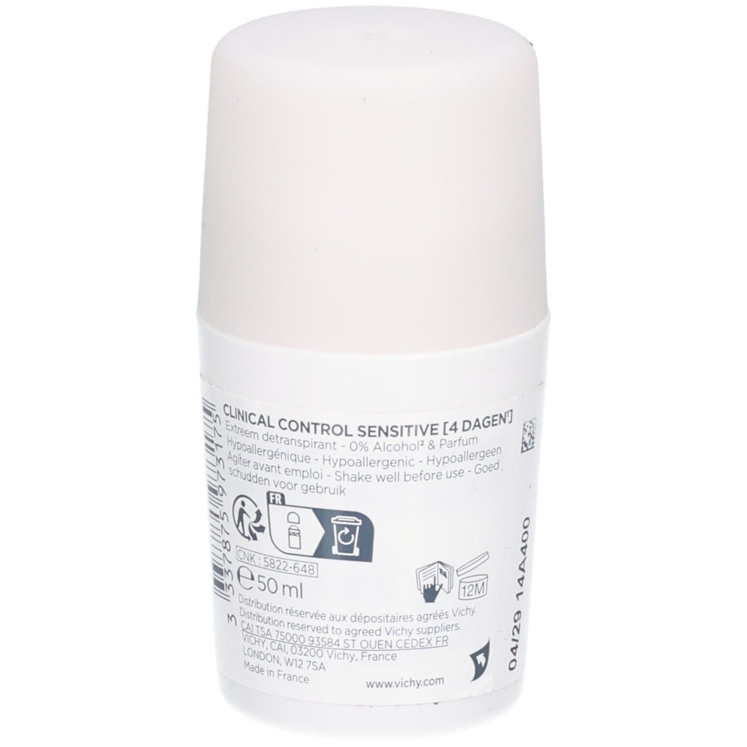 Déodorant Roll-On Vichy : Arrière avec instructions et indication 50ml. 0% Alcool.