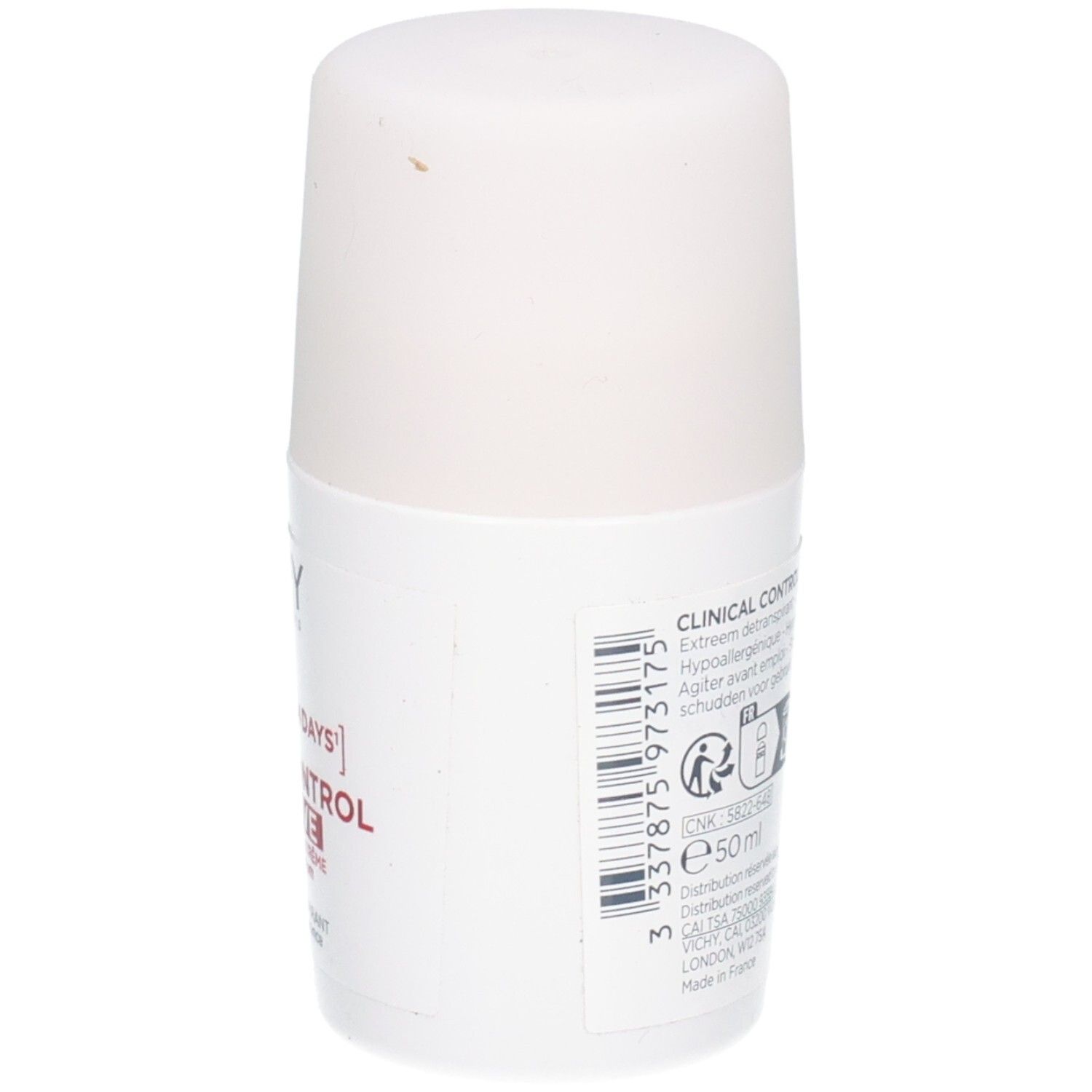 Déodorant Roll-On Vichy : Côté avec code-barres et indication 50ml. 0% Alcool & Parfum.