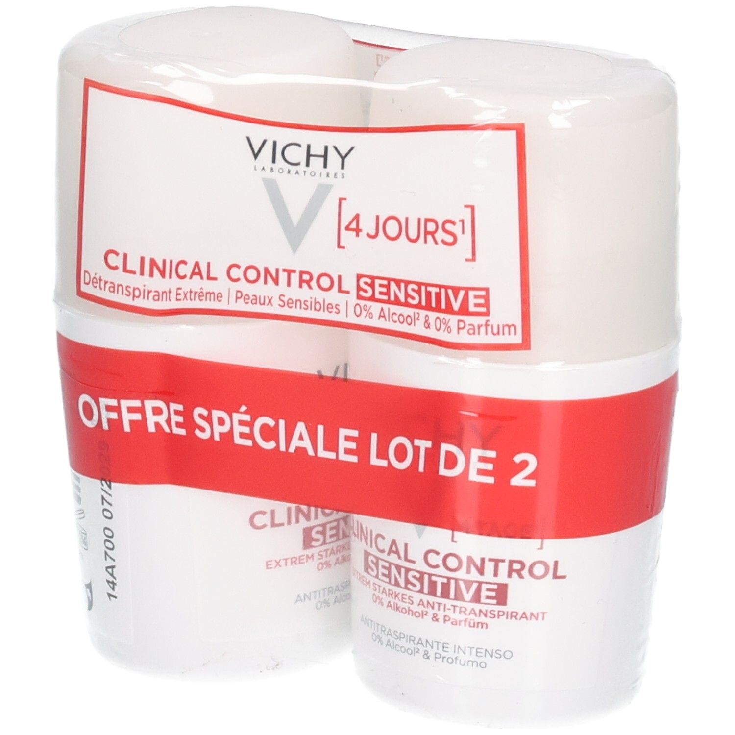 VICHY CLINICAL CONTROL SENSITIVE Lot de 2 flacons de 50ml détranspirant.