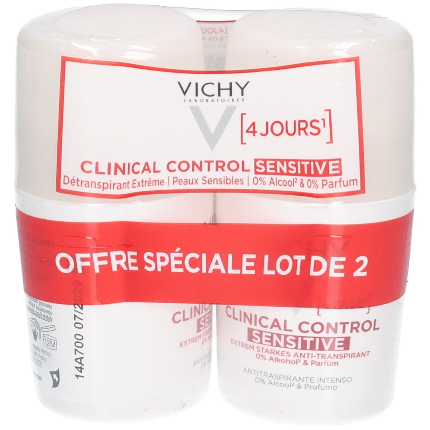 VICHY CLINICAL CONTROL SENSITIVE Lot de 2 flacons de 50ml détranspirant.