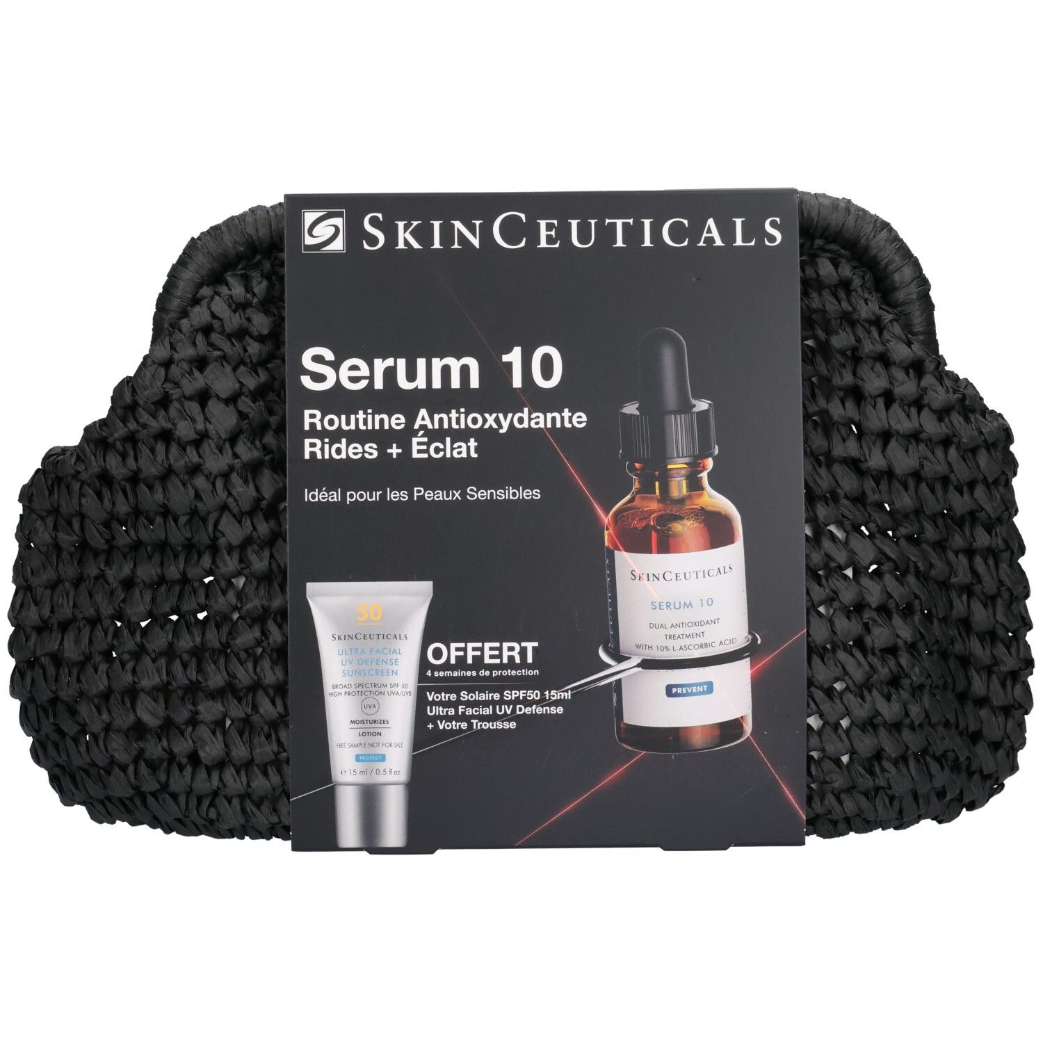 Coffret SkinCeuticals Serum 10 avec sérum et protection solaire dans un sac noir.