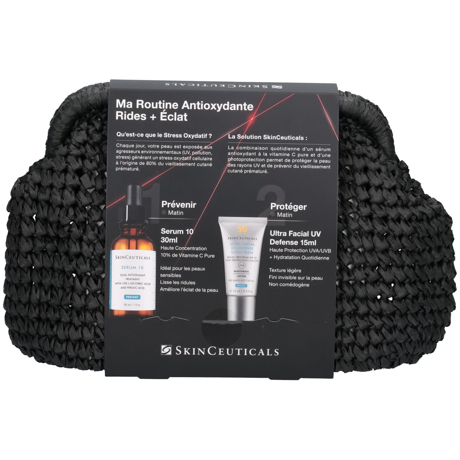 Coffret SkinCeuticals Serum 10 : sérum et protection solaire avec instructions dans un sac noir.