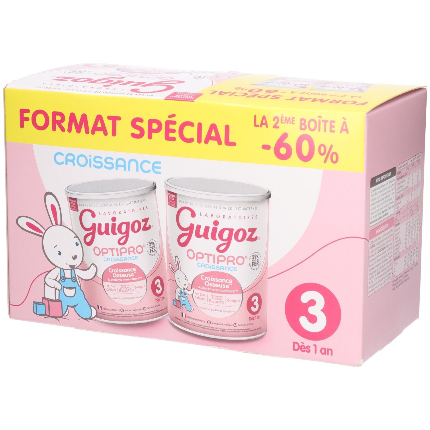 Deux boîtes de Guigoz Optipro 3 Croissance dans un emballage spécial rose.