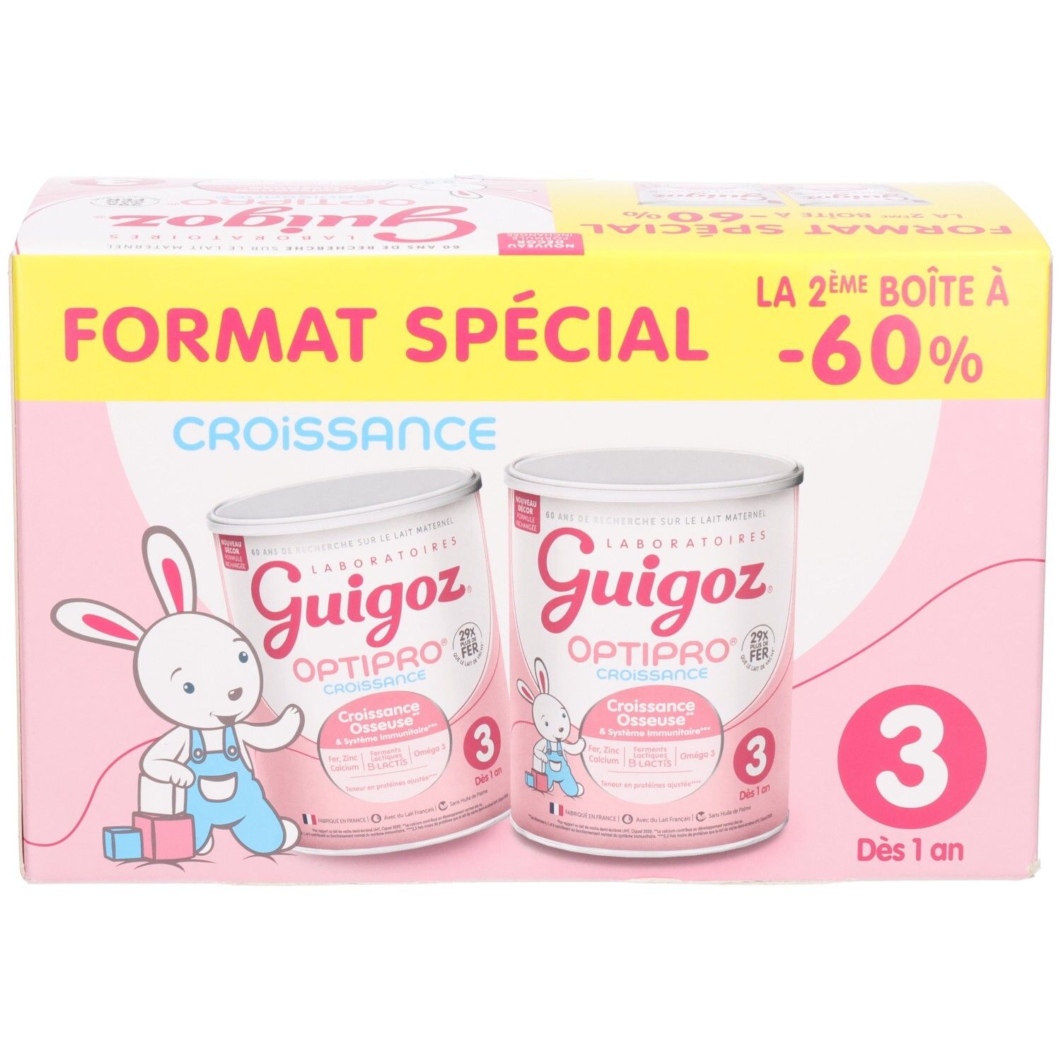 Deux boîtes de Guigoz Optipro 3 Croissance dans un emballage spécial rose, vue de face.