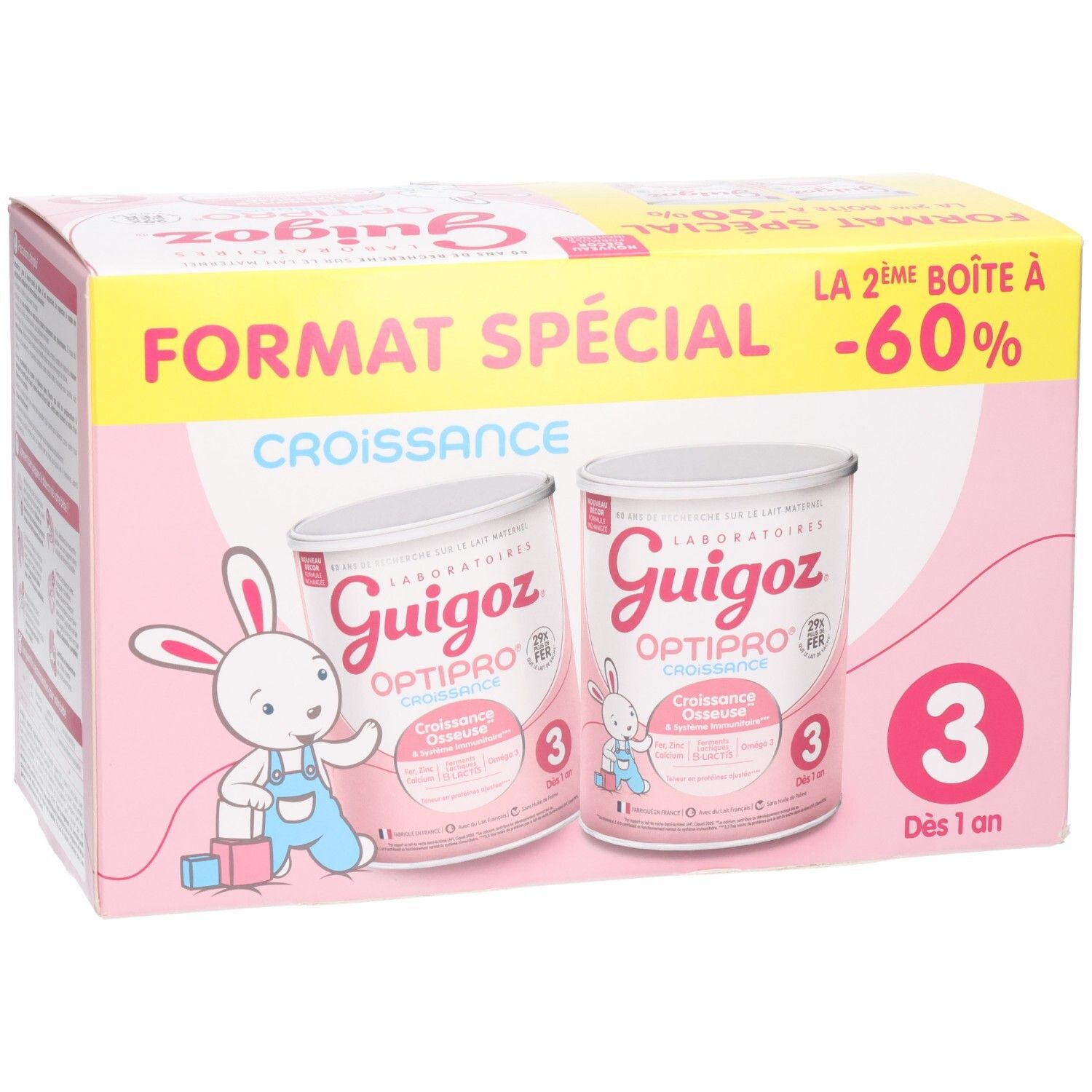 Deux boîtes de Guigoz Optipro 3 Croissance dans un emballage spécial rose, légèrement en biais.
