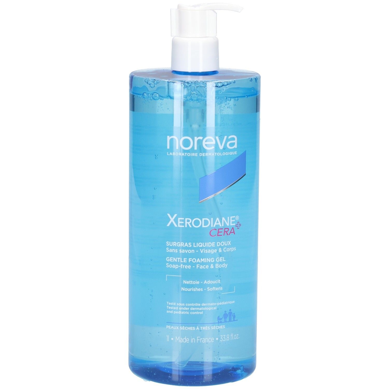Gel moussant doux Noreva Xerodiane AP+ Cera dans un flacon pompe bleu.