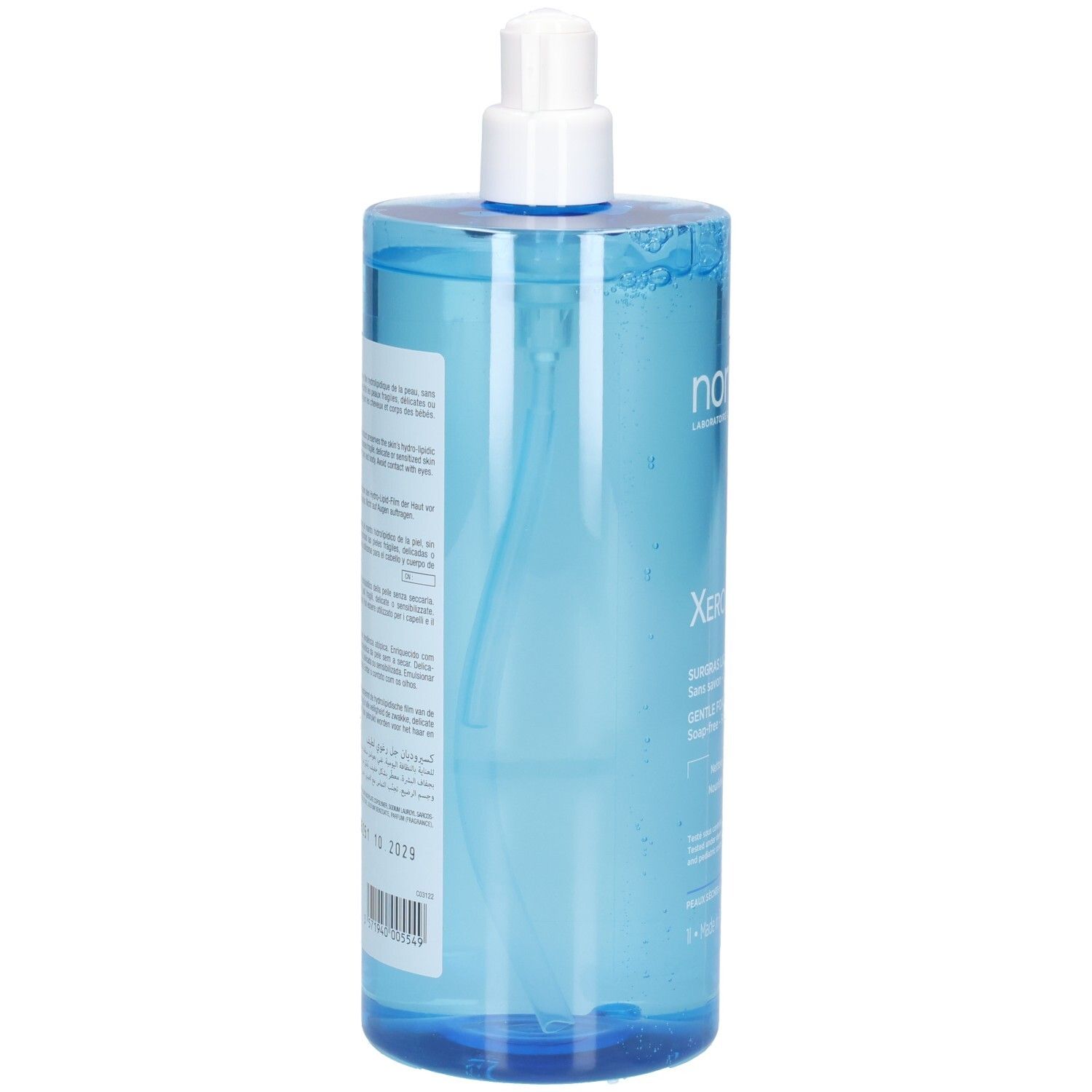 Arrière du flacon pompe Noreva Xerodiane AP+ Cera Gel moussant doux avec étiquette.