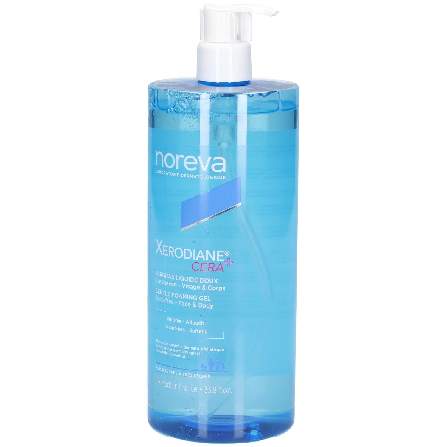 Gel moussant doux Noreva Xerodiane AP+ Cera dans un flacon pompe bleu, vue de face.