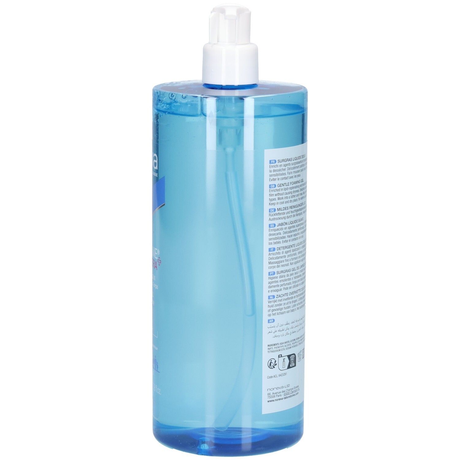 Vue latérale du flacon pompe Noreva Xerodiane AP+ Cera Gel moussant doux.