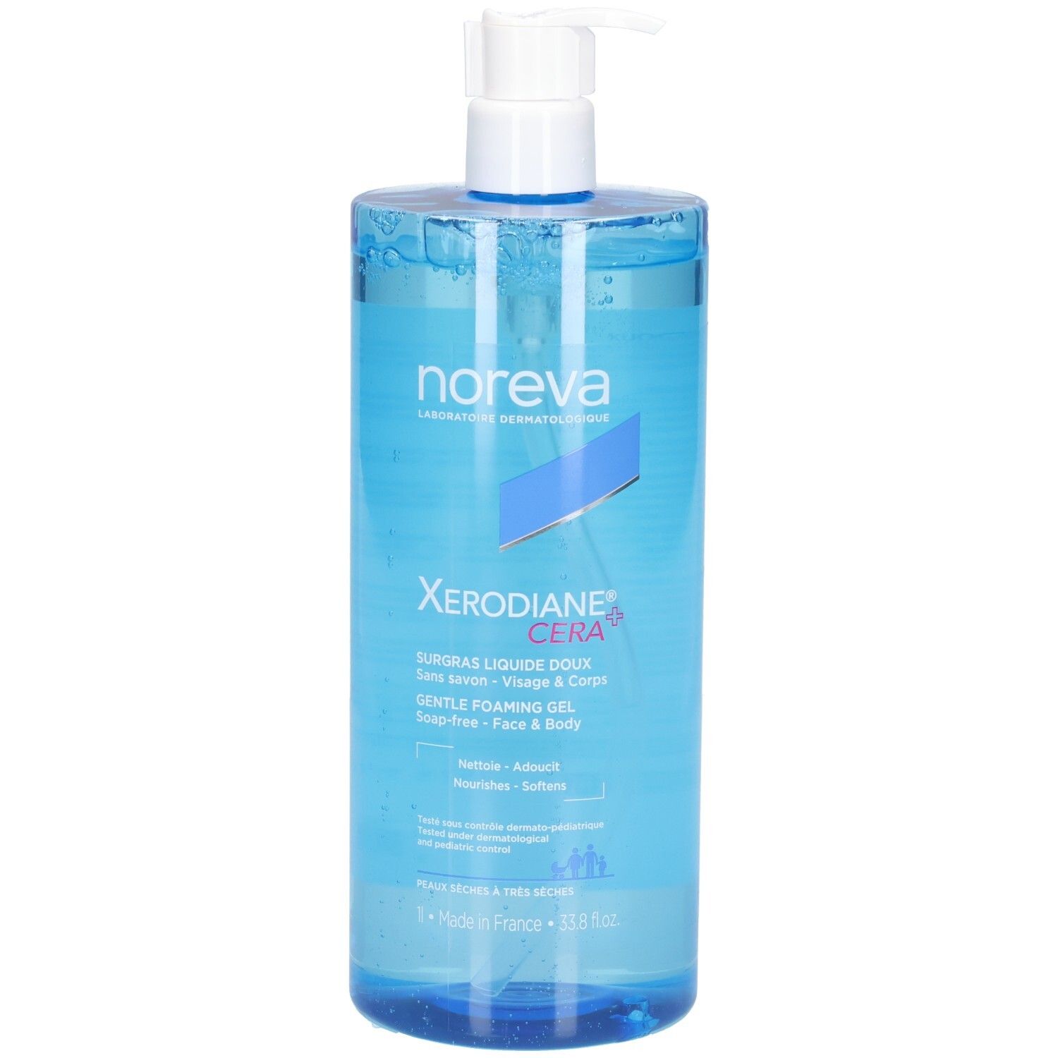 Gel moussant doux Noreva Xerodiane AP+ Cera dans un flacon pompe bleu, légèrement en biais.