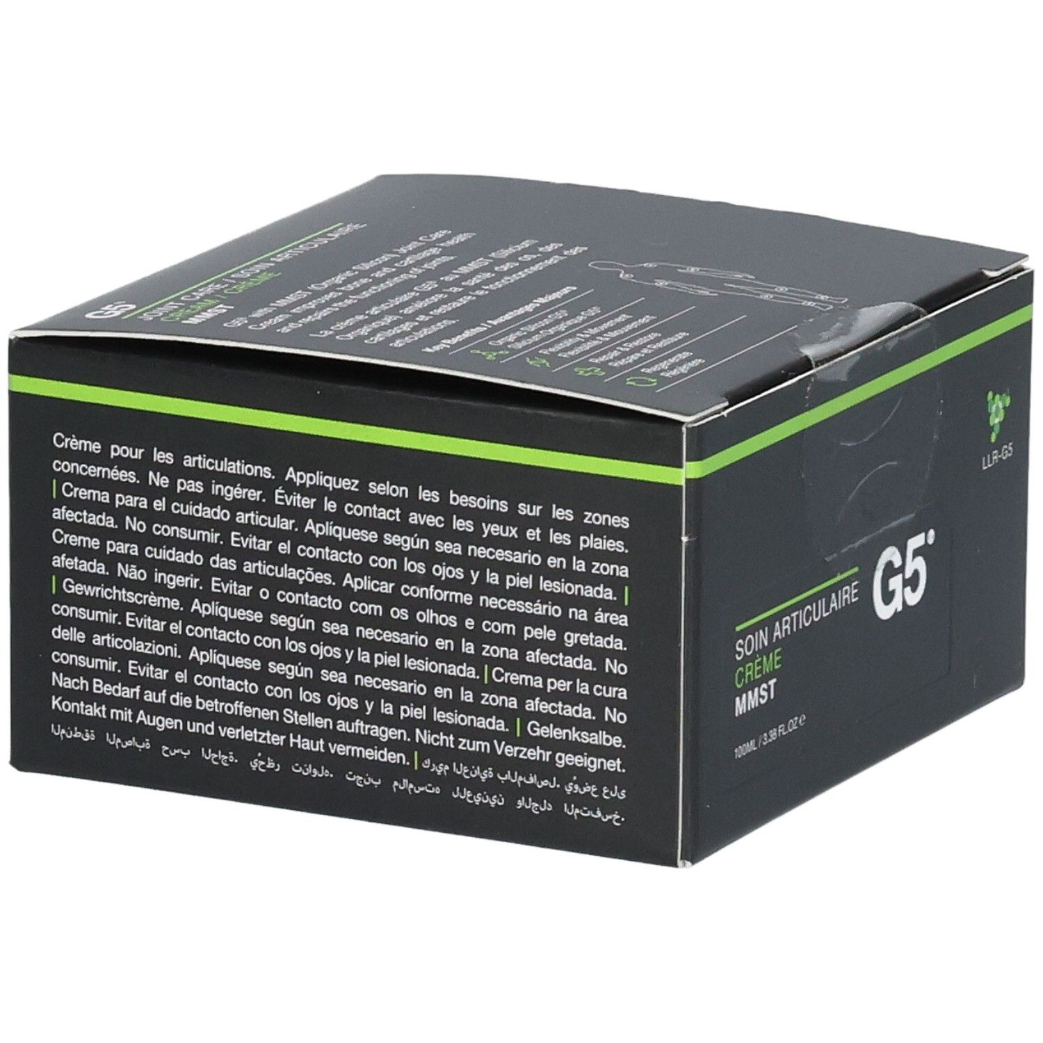 Boîte noire avec accents verts. Texte multilingue. Inscription : SOIN ARTICULAIRE CRÈME MMST, G5.